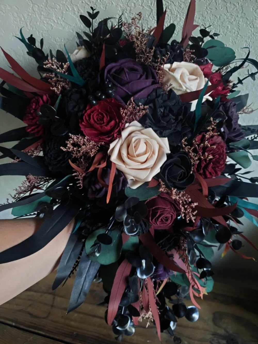 Sola Wood Flower Bouquet - Burgundy, Deep Purple, Black, Navy & Cream Accents